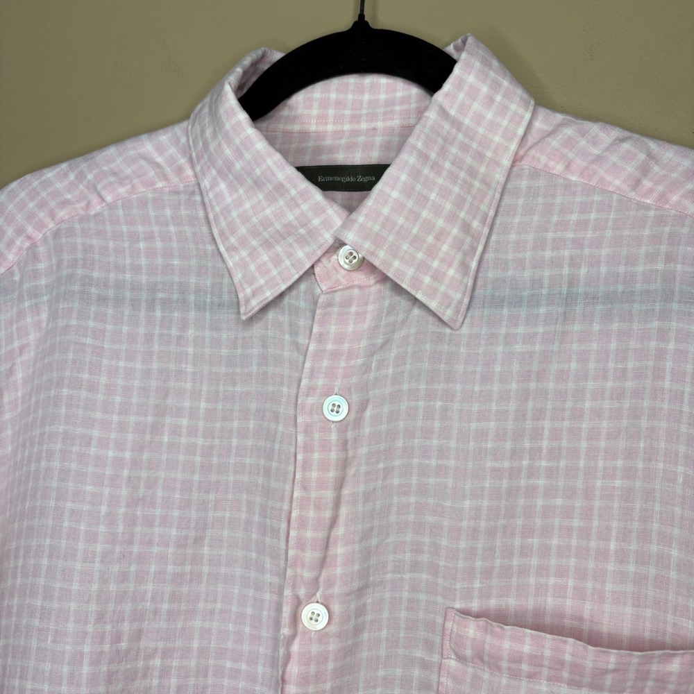 Ermenegildo Zegna Mens L 100% Linen Pink Grid Check Short Sleeve Button Shirt